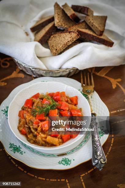 baked eggplant and paprika salad - canap�� stock pictures, royalty-free photos & images