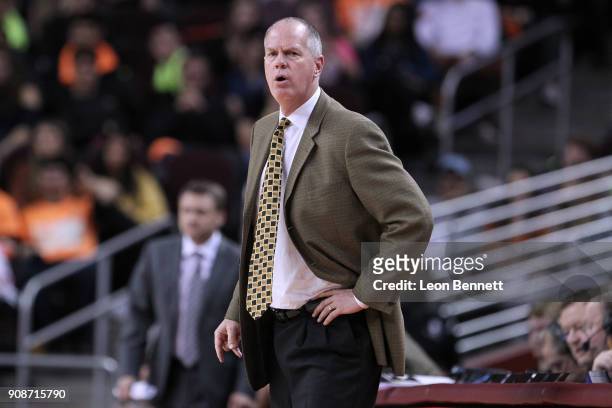 Tad Boyle Head coach of the Colorado Buffaloes directing his team against the USC Trojans during a PAC12 college basketball game at Galen Center on...