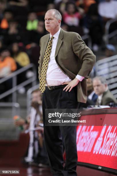 Tad Boyle Head coach of the Colorado Buffaloes directing his team against the USC Trojans during a PAC12 college basketball game at Galen Center on...