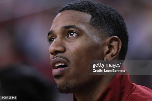 De'Anthony Melton of the USC Trojans looks on supporting his team against the Colorado Buffaloes during a PAC12 college basketball game at Galen...