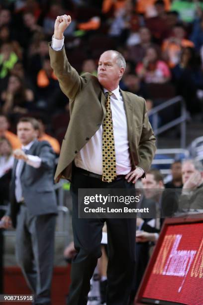 Tad Boyle Head coach of the Colorado Buffaloes directing his team against the USC Trojans during a PAC12 college basketball game at Galen Center on...