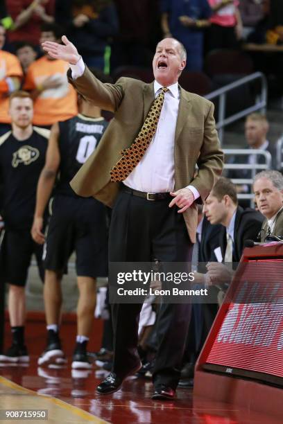 Tad Boyle Head coach of the Colorado Buffaloes directing his team against the USC Trojans during a PAC12 college basketball game at Galen Center on...