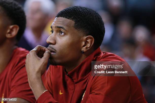 De'Anthony Melton of the USC Trojans looks on supporting his team against the Colorado Buffaloes during a PAC12 college basketball game at Galen...