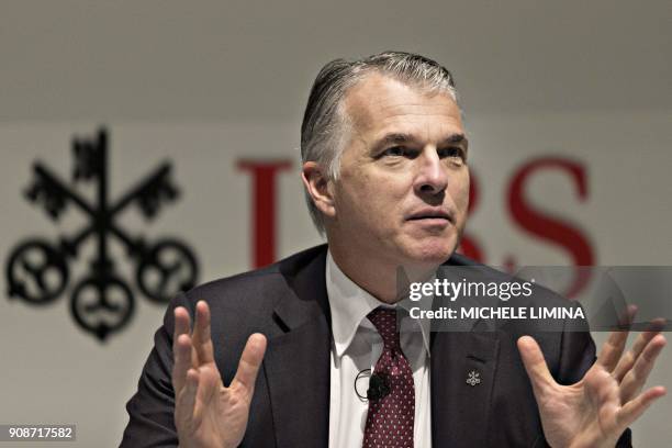 Sergio Ermotti the CEO of Swiss banking giant UBS addresses the annual results news conference on January 22, 2018 in Zurich. - Swiss banking giant...