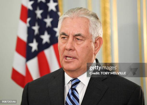 Secretary of State Rex Tillerson speaks during a joint press conference with Britain's Foreign Secretary Boris Johnson in central London on January...