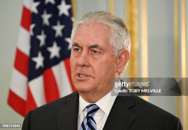 Secretary of State Rex Tillerson speaks during a joint press conference with Britain's Foreign Secretary Boris Johnson in central London on January...