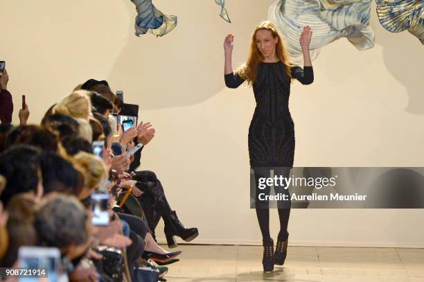 Designer Iris Van Herpen acknowledges the audience during the Iris Van Herpen Haute Couture Spring Summer 2018 show as part of Paris Fashion Week on...