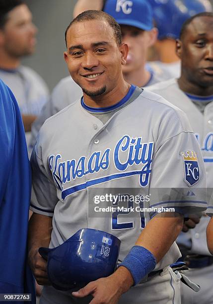 Miguel Olivo of the Kansas City Royals looks on and smiles against the Detroit Tigers during the game at Comerica Park on September 15, 2009 in...