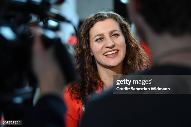 Ramona Hofmeister gives an interview during the 2018 PyeongChang Olympic Games German Team kit handover at Postpalast on January 22, 2018 in Munich,...