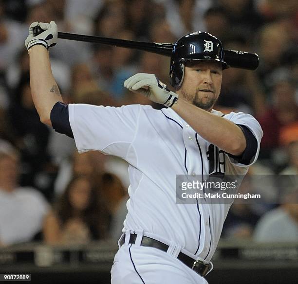Aubrey Huff of the Detroit Tigers bats against the Kansas City Royals during the game at Comerica Park on September 15, 2009 in Detroit, Michigan....