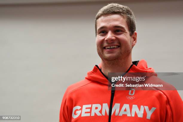 Johannes Lochner smiles during the 2018 PyeongChang Olympic Games German Team kit handover at Postpalast on January 22, 2018 in Munich, Germany.