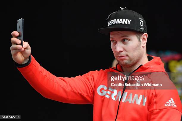 Nico Walther takes a selfie during the 2018 PyeongChang Olympic Games German Team kit handover at Postpalast on January 22, 2018 in Munich, Germany.