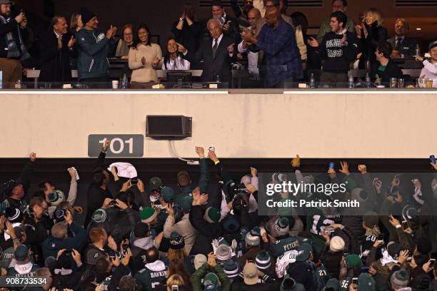 Jeffrey Lurie owner of the Philadelphia Eagles points to the crowd as his team plays against the Minnesota Vikings during the fourth quarter in the...