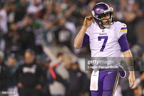 Case Keenum of the Minnesota Vikings reacts during the fourth quarter against the Philadelphia Eagles in the NFC Championship game at Lincoln...