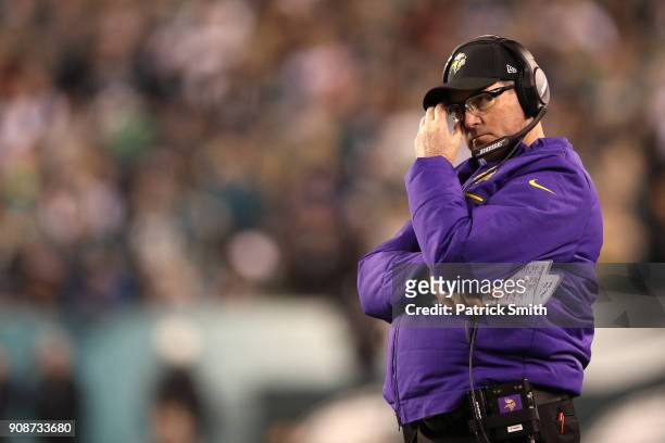 Head coach Mike Zimmer of the Minnesota Vikings looks on during second half against the Philadelphia Eagles during the NFC Championship at Lincoln...
