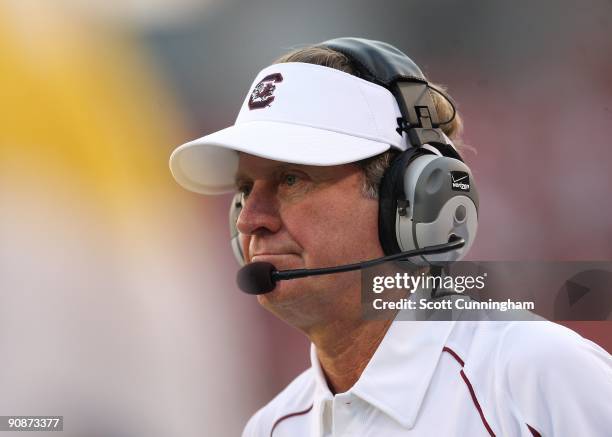 Head Coach Steve Spurrier of the South Carolina Gamecocks watches the action against the Georgia Bulldogs at Sanford Stadium on September 12, 2009 in...
