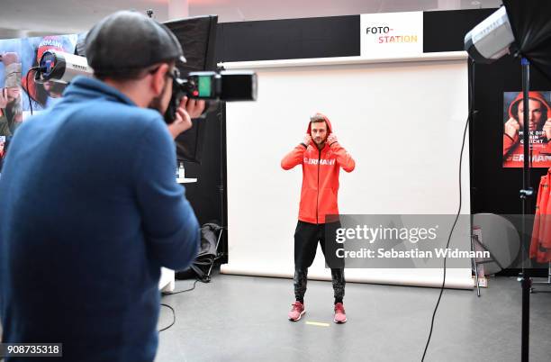 Markus Eisenbichler poses for a photographer during the 2018 PyeongChang Olympic Games German Team kit handover at Postpalast on January 22, 2018 in...