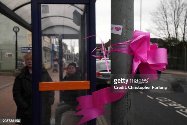 Pink ribbons are left in tribute to murdered Mylee Billingham, aged eight, on street furniture in Brownhills High Street on January 22, 2018 in...