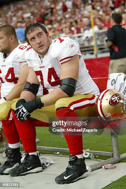 Joe Staley of the San Francisco 49ers looks on from the bench during the NFL game against the Arizona Cardinals at University of Phoenix Stadium on...