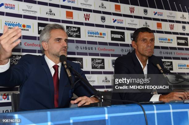 French football Ligue 1 club Bordeaux Girondins Uruguayan new head coach Gustavo Poyet and Bordeaux Girondins' French president Stephane Martin speak...