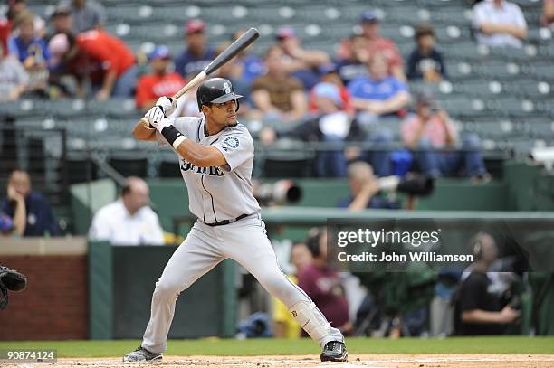 Franklin Gutierrez of the Seattle Mariners bats during the game against the Texas Rangers at Rangers Ballpark in Arlington in Arlington, Texas on...