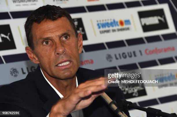 French football Ligue 1 club Bordeaux Girondins Uruguayan new head coach Gustavo Poyet speaks during a press conference presenting Poyet as head...