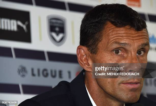 French football Ligue 1 club Bordeaux Girondins Uruguayan new head coach Gustavo Poyet speaks during a press conference presenting Poyet as head...