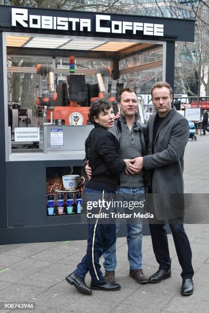 Meret Becker, Mark Waschke and Tim Kalkhof during the Tatort on set Photo Call on January 22, 2018 in Berlin, Germany.