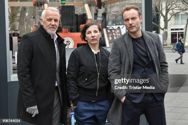 Frank Leo Schroeder, Meret Becker and Mark Waschke during the Tatort on set Photo Call on January 22, 2018 in Berlin, Germany.
