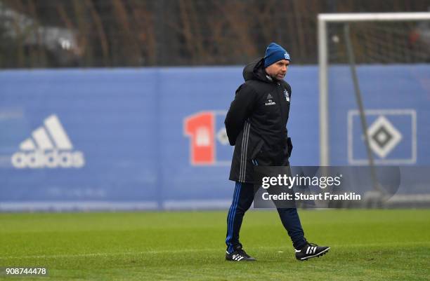 Bernd Hollerbach, new head coach of Hamburger SV looks on during a training session of Hamburger SV at Volksparkstadion on January 22, 2018 in...