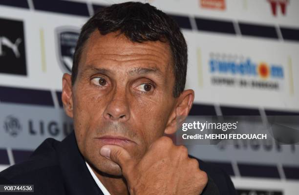 French football Ligue 1 club Bordeaux Girondins Uruguayan new head coach Gustavo Poyet speaks during a press conference presenting Poyet as head...