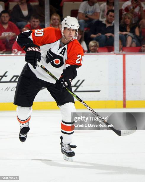 Chris Pronger of the Philadelphia Flyers skates up ice during the first pre-season game of the 2009-2010 against the Detroit Red Wings at Joe Louis...