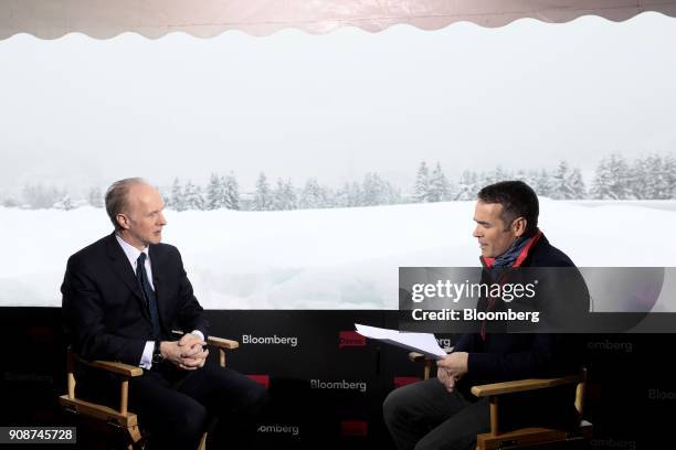 Mark Machin, president and chief executive officer of the Canada Pension Plan Investment Board, left, speaks with Erik Schatzker, anchor for...