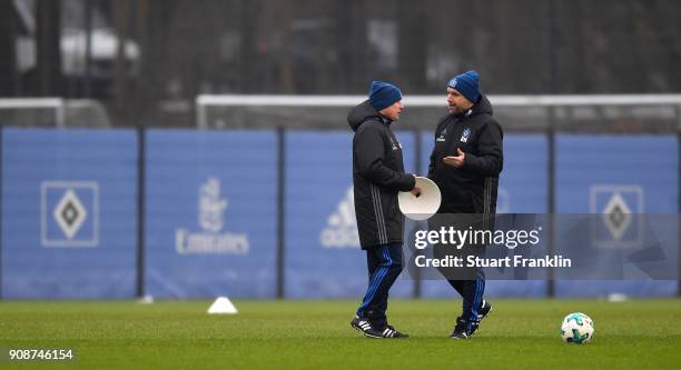 Bernd Hollerbach, new head coach of Hamburger SV looks on during a training session of Hamburger SV at Volksparkstadion on January 22, 2018 in...