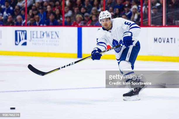 Toronto Maple Leafs Defenceman Connor Carrick follows through on a pass during first period National Hockey League action between the Toronto Maple...