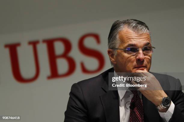 Sergio Ermotti, chief executive officer of UBS Group AG, pauses during a news conference as the worlds largest wealth manager announces full year...