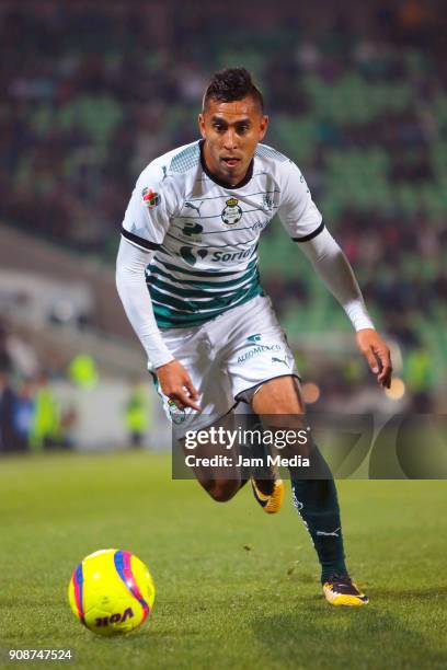 Jesus Isijara of Santos drives the ball during the third round match between Santos Laguna and Monarcas as part of Torneo Clausura 2018 Liga MX at...