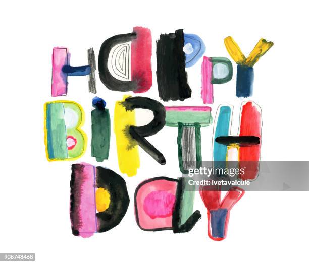 ilustraciones, imágenes clip art, dibujos animados e iconos de stock de mensaje de cumpleaños feliz con letras pintadas - tarjeta de felicitación