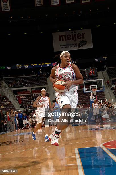 Kara Braxton of the Detroit Shock drives up court on a break away during a game against the Atlanta Dream in Game One of the WNBA Eastern Conference...