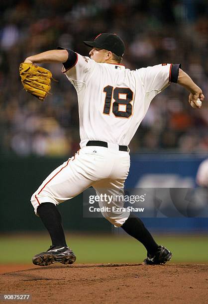 Matt Cain of the San Francisco Giants pitches against the Colorado Rockies during their game at AT&T Park on September 16, 2009 in San Francisco,...