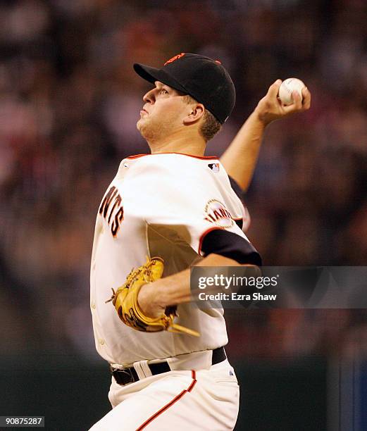 Matt Cain of the San Francisco Giants pitches against the Colorado Rockies during their game at AT&T Park on September 16, 2009 in San Francisco,...