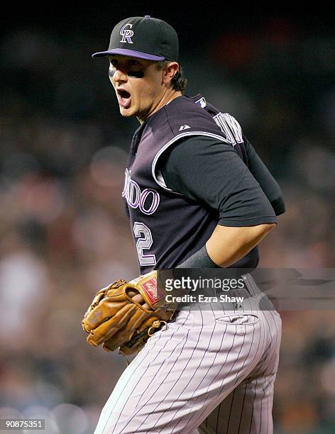 Troy Tulowitzki of the Colorado Rockies reacts after he turned an unassisted double play in the fourth inning of their game against the San Francisco...