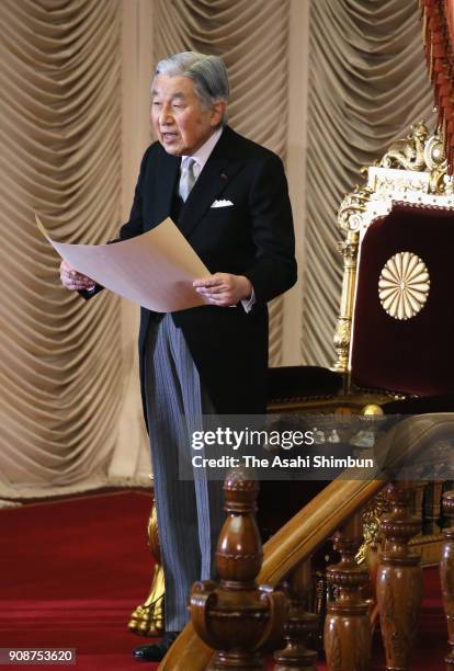 Emperor Akihito addresses during the opening ceremony of the 196th Ordinary session of the diet on January 22, 2018 in Tokyo, Japan. The LDP is...