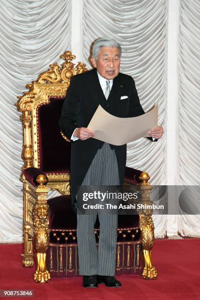 Emperor Akihito addresses during the opening ceremony of the 196th Ordinary session of the diet on January 22, 2018 in Tokyo, Japan. The LDP is...