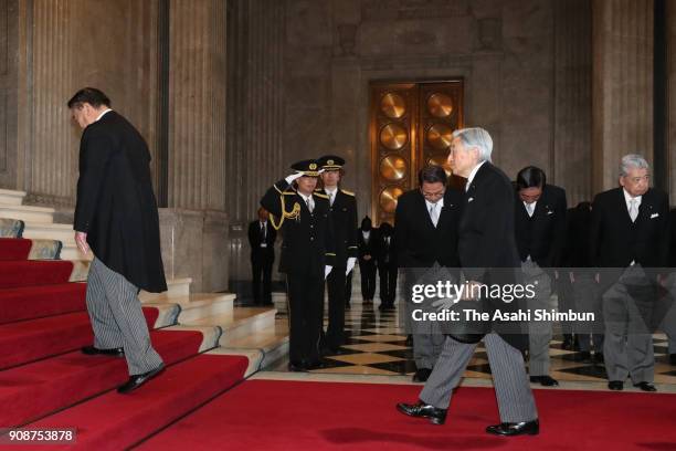 Emperor Akihito is escorted by Lower House speaker Tadamori Oshima prior to the opening ceremony of the 196th Ordinary session of the diet on January...