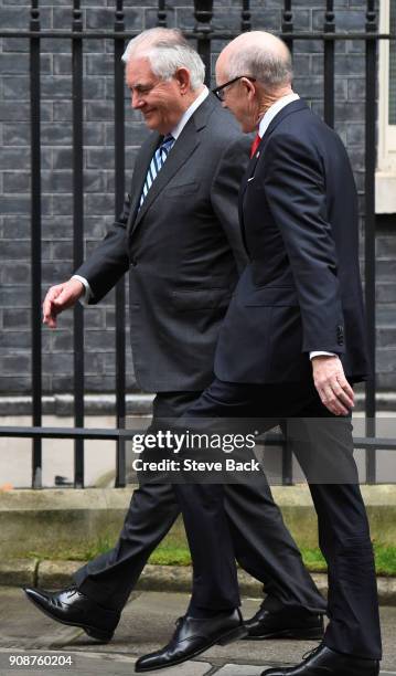 Secretary of State Rex Tillerson arriving at 10 Downing Street with US Ambassador to Britain Woody Johnson ahead of a meeting with British Prime...