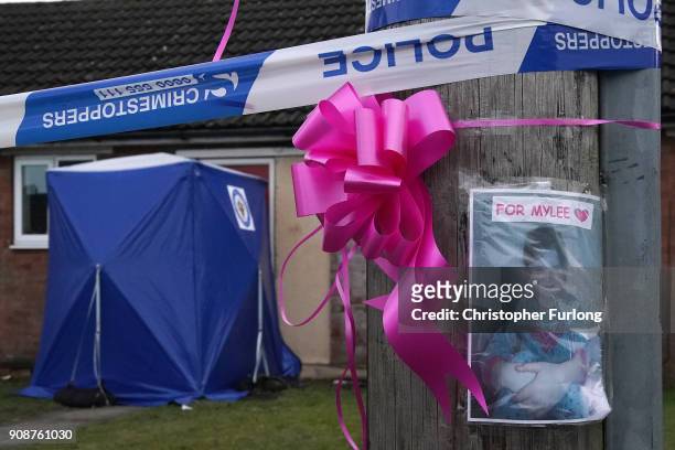 Tributes stand outside a home in Valley View, Brownhills, Walsall, where Mylee Billingham, aged eight, was stabbed and later died in hospital on...