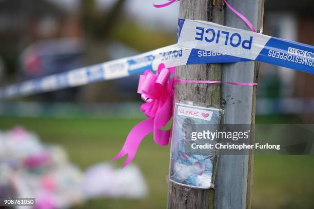 Floral tributes stand outside a home in Valley View, Brownhills, Walsall, where Mylee Billingham, aged eight, was stabbed and later died in hospital...