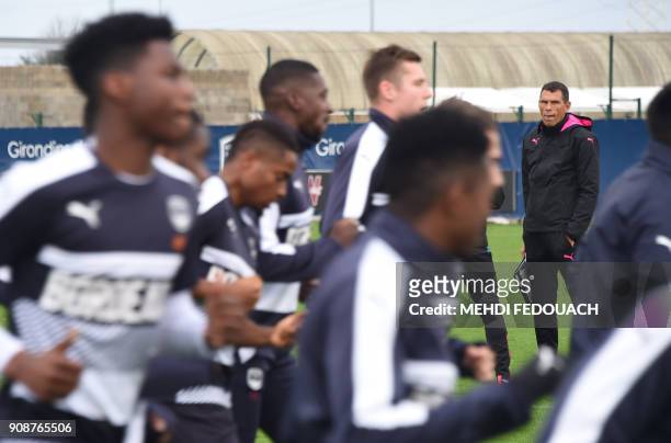 France's Ligue 1 football club Bordeaux Girondins Uruguayan new head coach Gustavo Poyet looks on during his first training session as coach on...