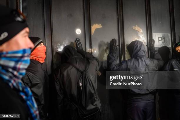 Protesters gather during a demonstration by prison guards where they blocked access to Fleury Merogis prison in France on January 22, 2018 during a...